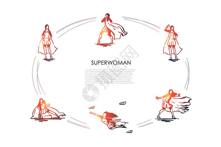 女权女超人穿着超人服装和高跟鞋的女人挣扎着展示她的力量矢量概念 se戏服帮助导演成功脚跟英雄领导者女士成就商业设计图片