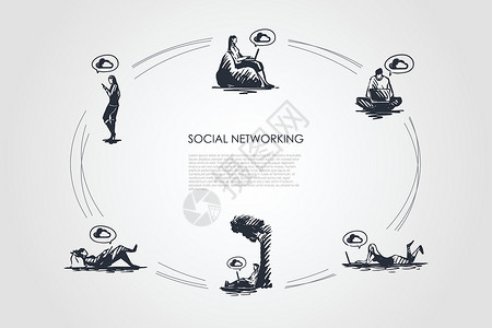 社交网络使用笔记本电脑和使用智能手机矢量概念集的人电话草图技术社区插图互联网邮政地球全球化网站背景图片