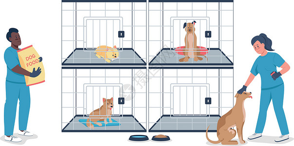 兽医与狗在笼子里平面颜色矢量详细字符背景图片
