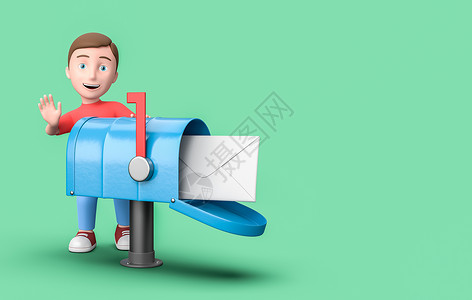 卡通信箱年轻的 3D 卡通人物与邮箱在蓝色背景与副本 Spac背景