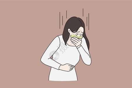 腹痛的女孩身体不适的女人感到恶心捂嘴呕吐插画