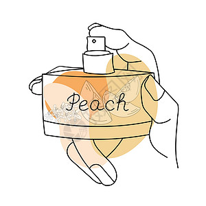 香水标志线条艺术香水瓶内有抽象形状的桃子片 并命名为桃子 矢量图插画