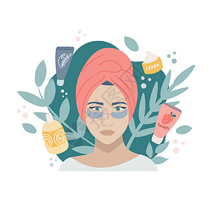 测试皮肤湿润度天然化妆品护理的概念 一个女孩头上戴着毛巾 眼睛下面贴着补丁 背景是一圈装有奶油凝胶洗发水的罐子 矢量图像插画