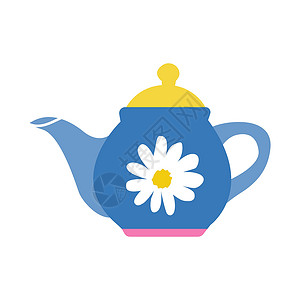 有洋甘菊和黄色盒盖的蓝色茶壶 茶话会 白色背景上的矢量平面图像背景图片