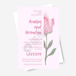 矢量图的婚礼请柬模板与粉红玫瑰 彩色明信片poster植物海报设计紫色派对邀请函边界元素花店绘画插画
