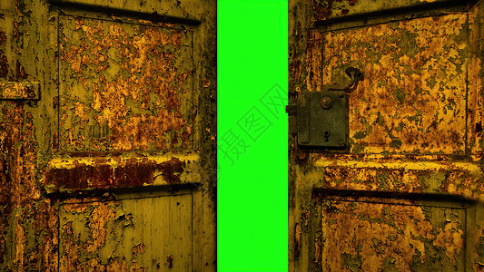 3d 插图通往绿色碎石的木门童话艺术入口建筑金属房子标签屏幕魔法木头背景图片