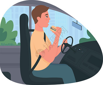 吃方便面的男人分心驾驶 2D 矢量风景事故信息风险汽车司机香椿插图海报车轮设计图片