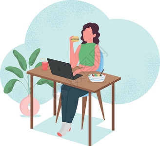 中年女人在电脑桌前吃东西的女人平面颜色矢量不露面的特征插图电脑桌子食物香椿活动网络互联网成人工人设计图片