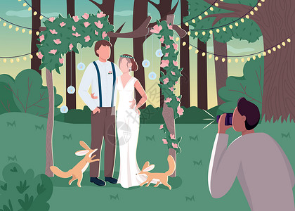 婚礼摄影师新婚夫妇在质朴的 photozone 平面颜色矢量它制作图案插画