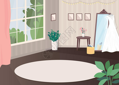 奢华长尾婚纱婚礼准备室平面颜色矢量它制作图案插画