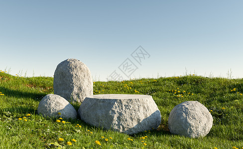 绿色草地上的石材产品展示架背景图片