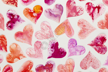 红色的心脏情人节抽象背景手工绘画水彩画墙纸插图白色艺术水彩粉色背景图片