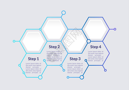 蜂窝图蓝色渐变六边形信息图表设计模板 诊所信息 带有空白复制空间的抽象矢量信息图 具有 4 个步骤序列的教学图形 可视化数据呈现设计图片
