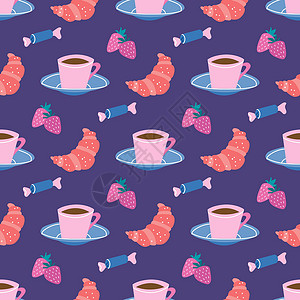 紫色碟子茶话会咖啡休息杯和碟子糖果和羊角面包与草莓在淡紫色的背景 用于包装纸和织物的矢量无缝插画