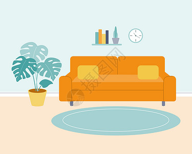 客厅配有橙色沙发和壁架 花盆中种着龟背竹书本 平面样式中的矢量简约插图背景图片