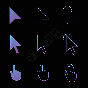web登入界面鼠标光标图标在现代渐变样式中设置箭头和手 单击并链接 Web 图标 在黑色背景上孤立的矢量图指针监视器阴影技术插图老鼠白色界面团设计图片