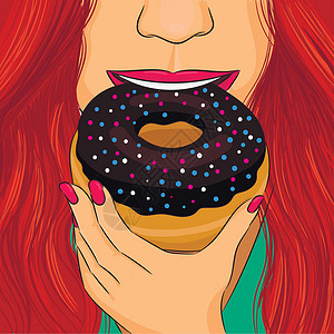女人吃甜甜圈巧克力釉手绘肖像背景图片