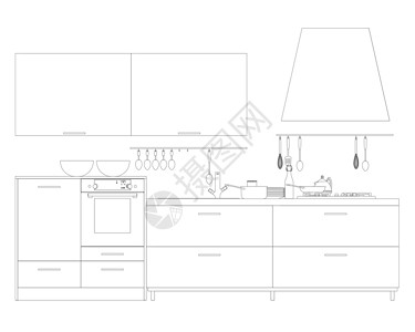 白色厨房背景从白色背景上孤立的黑色线条看厨房的轮廓 正视图 它制作图案矢量插画