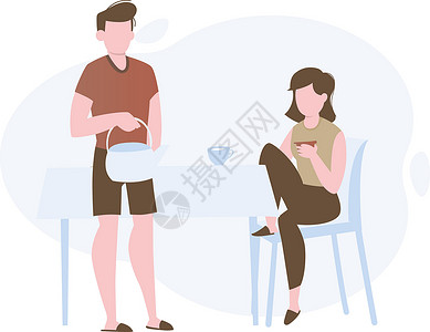 一个男孩拿着水壶站着 一个女孩端着一杯茶坐在椅子上背景图片