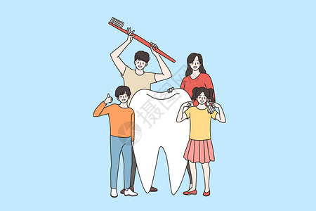 幸福家庭生活有孩子的幸福家庭鼓励牙齿卫生插画