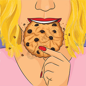 女人吃手素材女人吃巧克力饼干手绘图 portrai插画