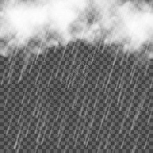 有云的雨 落下的水滴 透明背景上的矢量逼真风暴高清图片