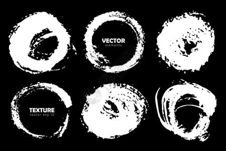 Grunge 设置画笔圆形状矢量圆形笔画白色隔离在黑色背景上 手绘田庄元素 水墨画 杂乱的设计文本和 quot 的地方拉丝印迹曲背景图片