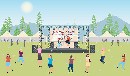 户外音乐会音乐节 2019 平面矢量插图 露天现场表演  Rockpop 音乐家音乐会在 parkcamp 夏季有趣的户外活动 跳舞的卡通插画