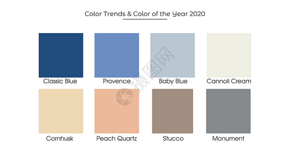 在今年橘色2020 年的颜色经典 Bluetrend 调色板样本色板在白色背景上隔离的矢量图插画