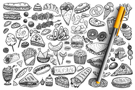 芝士饼快餐涂鸦集 collectio爆米花涂鸦铅笔饮食墨水菜单寿司乐趣面条食物设计图片