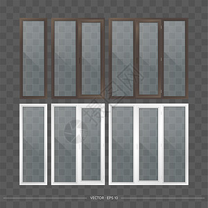 一套带透明玻璃的金属塑料阳台 写实风格的现代阳台 向量绝缘房子窗户插图铰链玻璃窗房间窗扇样本滚筒插画