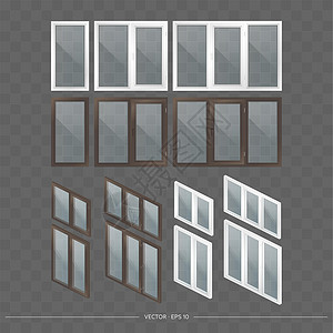 一大套带有 3D 透明眼镜的金属塑料窗户 写实风格的现代窗口 等距矢量图窗格现代窗窗扇白色住宅房子办公室框架矩形窗台插画