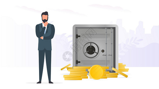 保险箱加金币一位商务人士站在装有金币的保险箱附近 成功的商业存款和收入的概念 向量插画