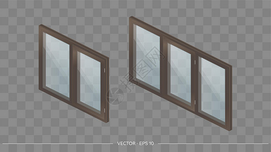 带 3D 透明眼镜的棕色金属塑料窗 写实风格的现代窗口 等距矢量图房间住宅公寓控制板办公室窗扇窗台房子白色窗格插画