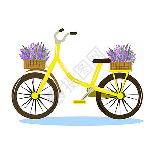 有薰衣草花篮子的黄色自行车背景图片