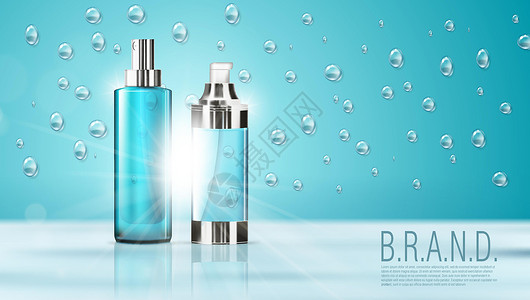 3D 逼真的化妆品产品喷雾瓶包装模板嘲笑水分推广美丽滋润身体营销蓝色洗剂瓶子背景图片