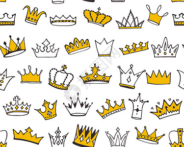 无缝涂鸦皇冠图案 矢量图卡通片公主国王墙纸婴儿潮人手绘版税打印装饰背景图片