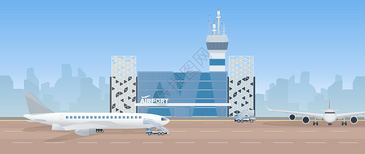 城市机场现代机场 跑道 跑道上的飞机 平面样式的机场 城市剪影 它制作图案矢量拼贴画车站空气木头游戏天空假期旅游建筑学运输插画