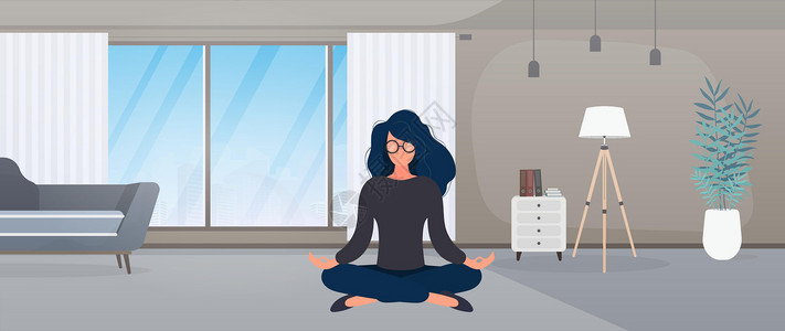 女孩正在房间里冥想 做瑜伽的女孩 矢量图闲暇工作女士卡通片冒充女性家庭旅行插图电脑插画