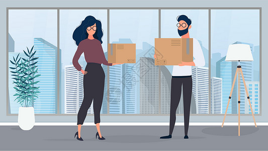 共有产权房一男一女站在空荡荡的房间里 手里拿着纸盒 搬迁改变住房购买公寓或移动办公室的概念 向量插画