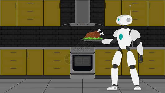 机器人管家机器人拿着一个装有炸肉的金属托盘 机器人服务员 未来咖啡馆工作者的概念 向量餐厅机器玩具智力帮助管家科学职员服务盘子插画