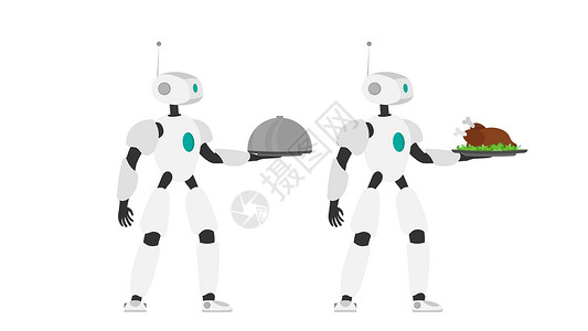 机器人管家机器人拿着一个装有炸肉的金属托盘 机器人服务员 未来咖啡馆工作者的概念 孤立 向量顾客餐厅服务微笑技术帮助科学机器电脑管家插画
