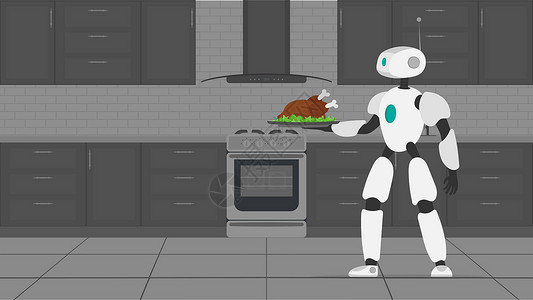 机器人管家机器人拿着一个装有炸肉的金属托盘 机器人服务员 未来咖啡馆工作者的概念 向量卡通片电子人智力咖啡店管家科学机器服务食物餐饮插画