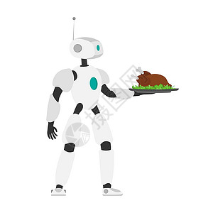 机器人管家机器人拿着一个装有炸肉的金属托盘 机器人服务员 未来咖啡馆工作者的概念 孤立 向量食物电脑技术管家机器玩具服务盘子智力餐厅插画