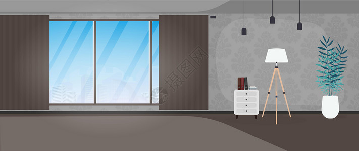 卧室摁字有一个大全景窗口的空房间 墙上有花押字的房间 矢量图框架地面画廊小样窗户建筑公寓渲染财产住宅插画