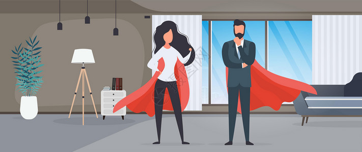 探照灯穿着红色雨衣的女孩和男孩 女人和男人的超级英雄 成功人士企业或家庭的概念 向量经理力量职业同事团队套装商业团队精神女性主角设计图片