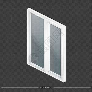 白色金属塑料窗与 3D 透明眼镜 写实风格的现代窗口 等距矢量图住宅房子办公室窗扇公寓控制板窗台房间玻璃窗格插画