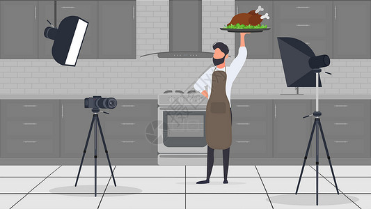 厨师展示菜品厨房里的一位男厨师有一个烹饪博客 厨房围裙里的那个人拿着炸鸡 向量笔记本学校电脑技术男性视频桌子互联网蔬菜衣服插画