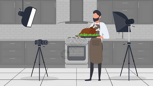 厨师展示菜品厨房里的一位男厨师有一个烹饪博客 厨房围裙里的那个人拿着炸鸡 向量博主蔬菜桌子台面展示男人男性班级衣服帽子插画
