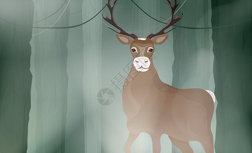 鹿屁股水平排列森林中有野生麋鹿的黑暗森林的矢量水平图插画